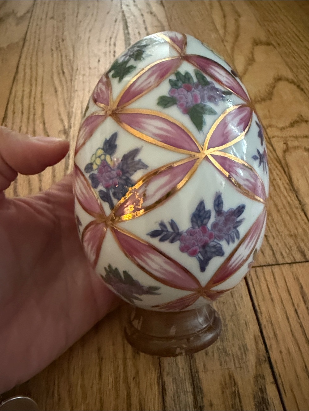 Decorative Porcelain Egg Accent in White with Pink and Gold Floral Motif